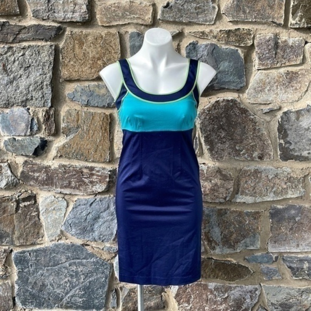 Boden Empire Waist Color Block Sheath Dress in Navy Blue & Aqua Size 2 Regular